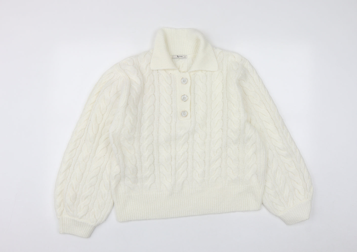 TU Womens White Collared  Acrylic Pullover Jumper Size 12