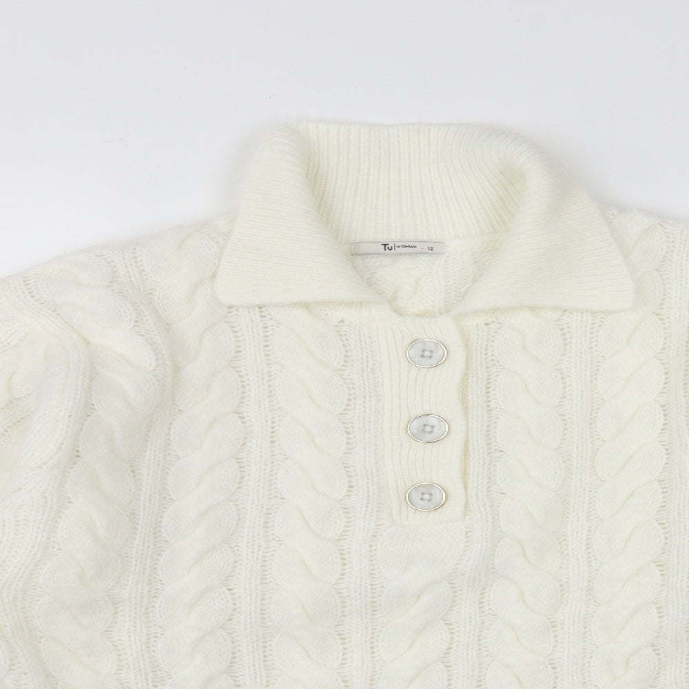 TU Womens White Collared  Acrylic Pullover Jumper Size 12