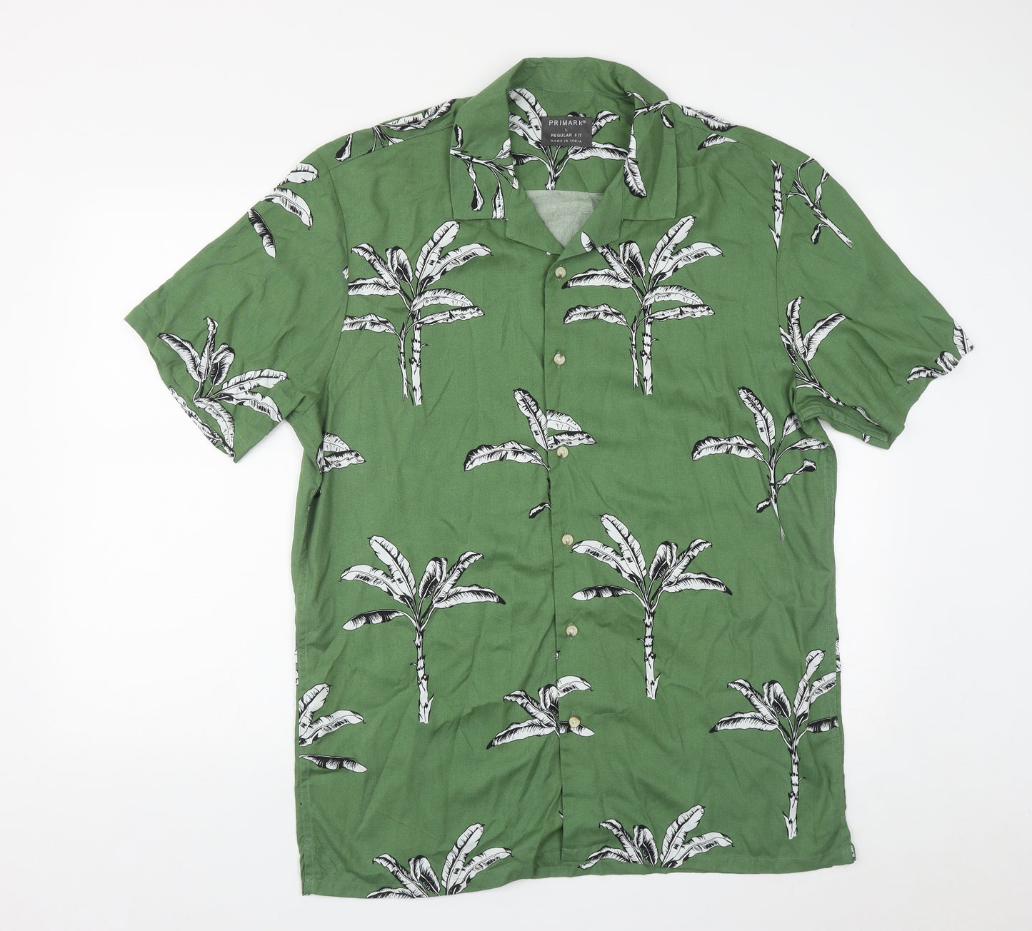 Primark Mens Green Geometric Viscose  Button-Up Size L Collared Button