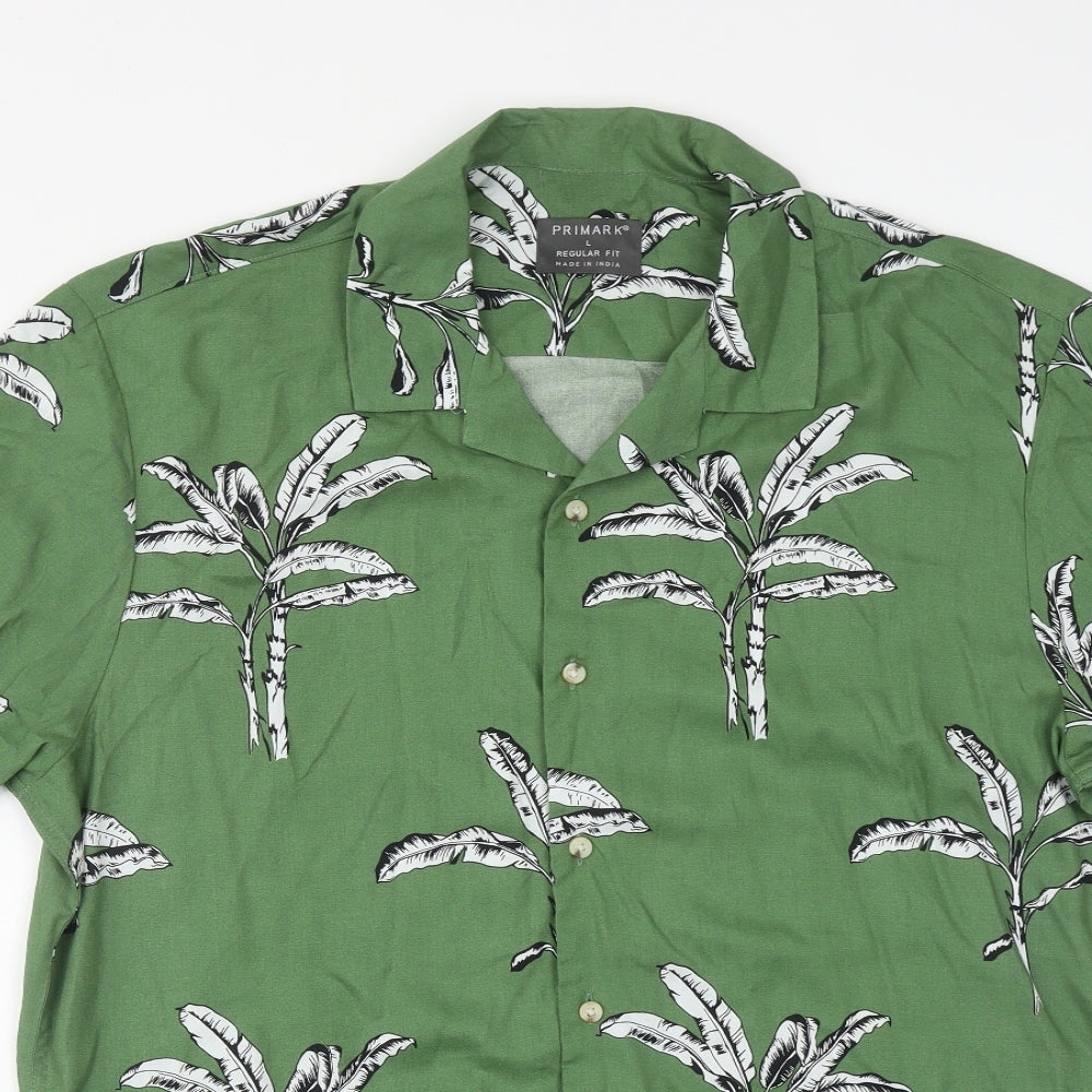 Primark Mens Green Geometric Viscose  Button-Up Size L Collared Button