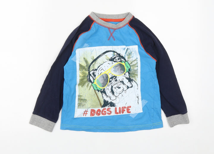 Dunnes Stores Boys Blue Cotton Basic Casual Size 6-7 Years Round Neck - Dog Print
