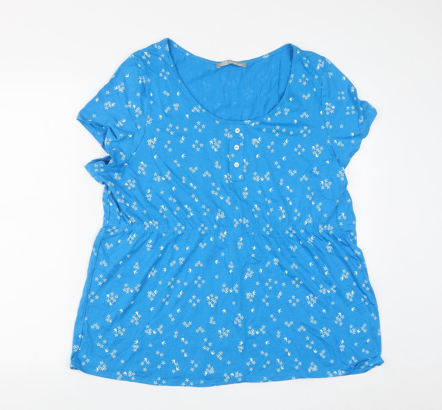 Marks and Spencer Womens Blue Geometric Cotton Basic T-Shirt Size 22 Round Neck