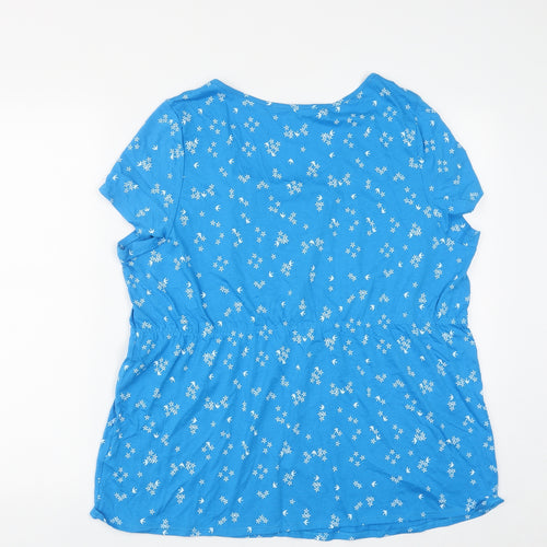 Marks and Spencer Womens Blue Geometric Cotton Basic T-Shirt Size 22 Round Neck