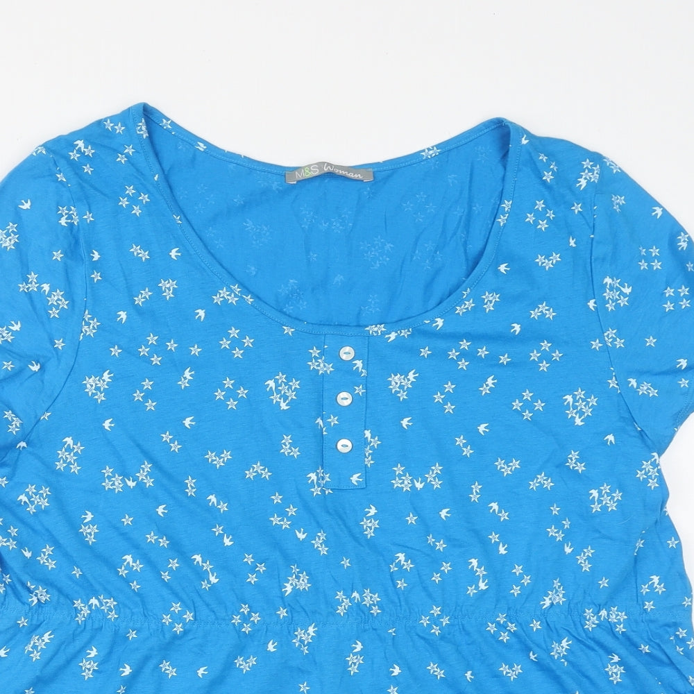 Marks and Spencer Womens Blue Geometric Cotton Basic T-Shirt Size 22 Round Neck