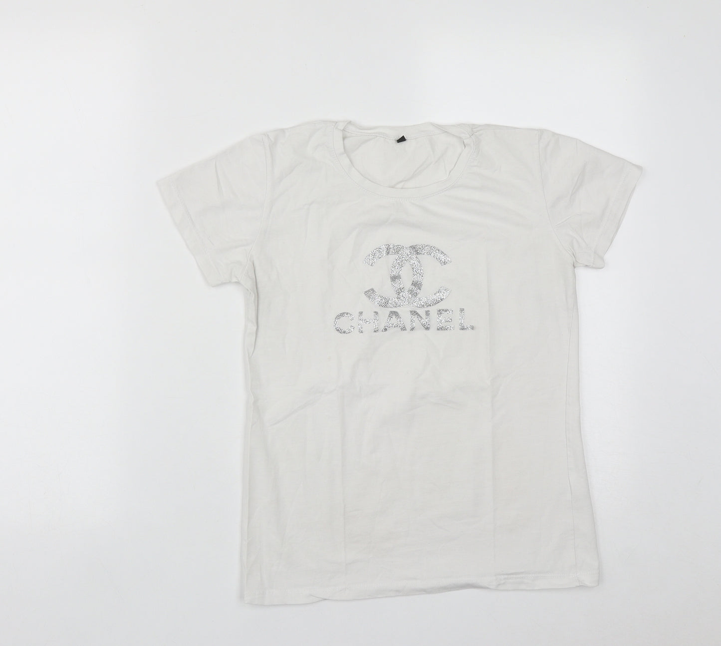 Preworn Womens White  Cotton Basic T-Shirt Size L Round Neck