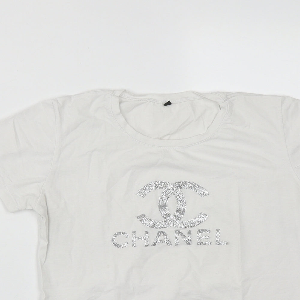 Preworn Womens White  Cotton Basic T-Shirt Size L Round Neck