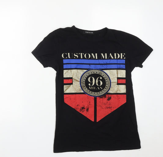 Front view of Paisian women’s black cotton basic t-shirt, size S, round neck