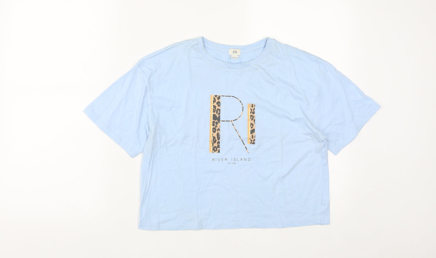 River Island Girls Blue  Cotton Cropped T-Shirt Size 11-12 Years Round Neck
