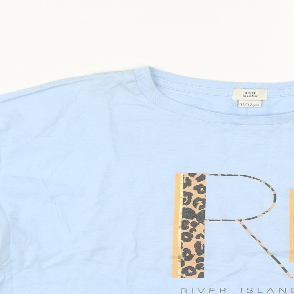 River Island Girls Blue  Cotton Cropped T-Shirt Size 11-12 Years Round Neck