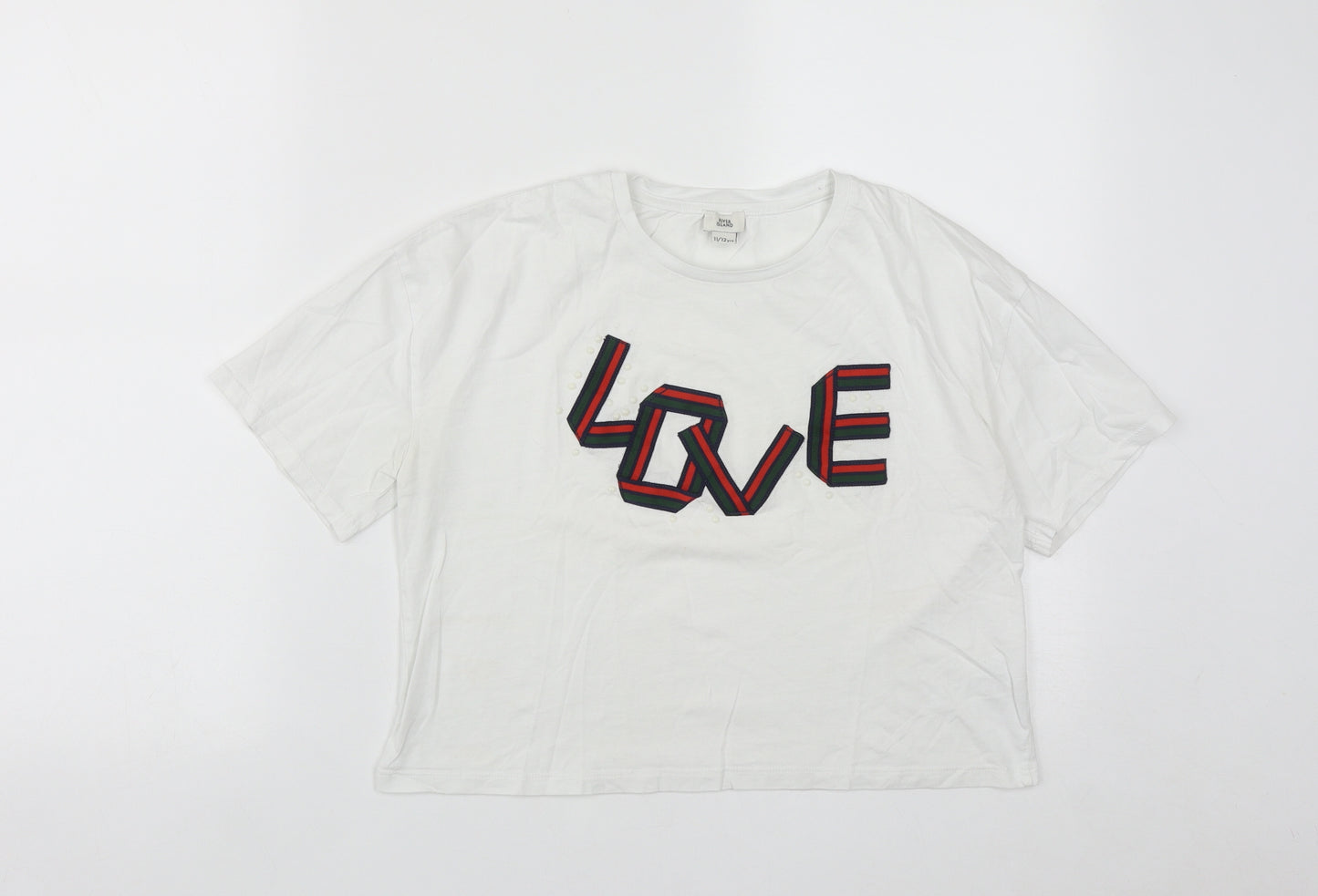 River Island Girls White  Cotton Cropped T-Shirt Size 11-12 Years Round Neck
