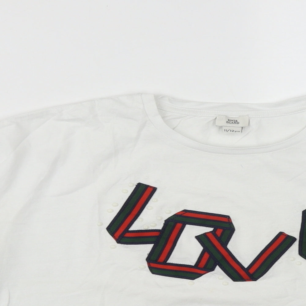 River Island Girls White  Cotton Cropped T-Shirt Size 11-12 Years Round Neck