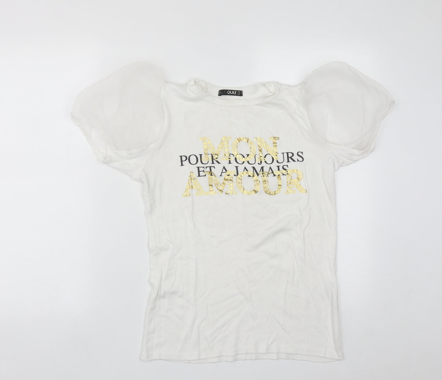 Quiz Womens White  Cotton Basic T-Shirt Size 8 Round Neck - Puff Sleeves