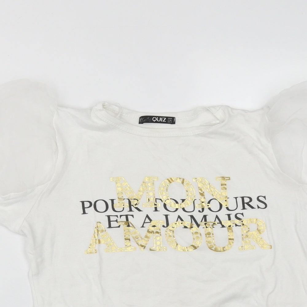 Quiz Womens White  Cotton Basic T-Shirt Size 8 Round Neck - Puff Sleeves