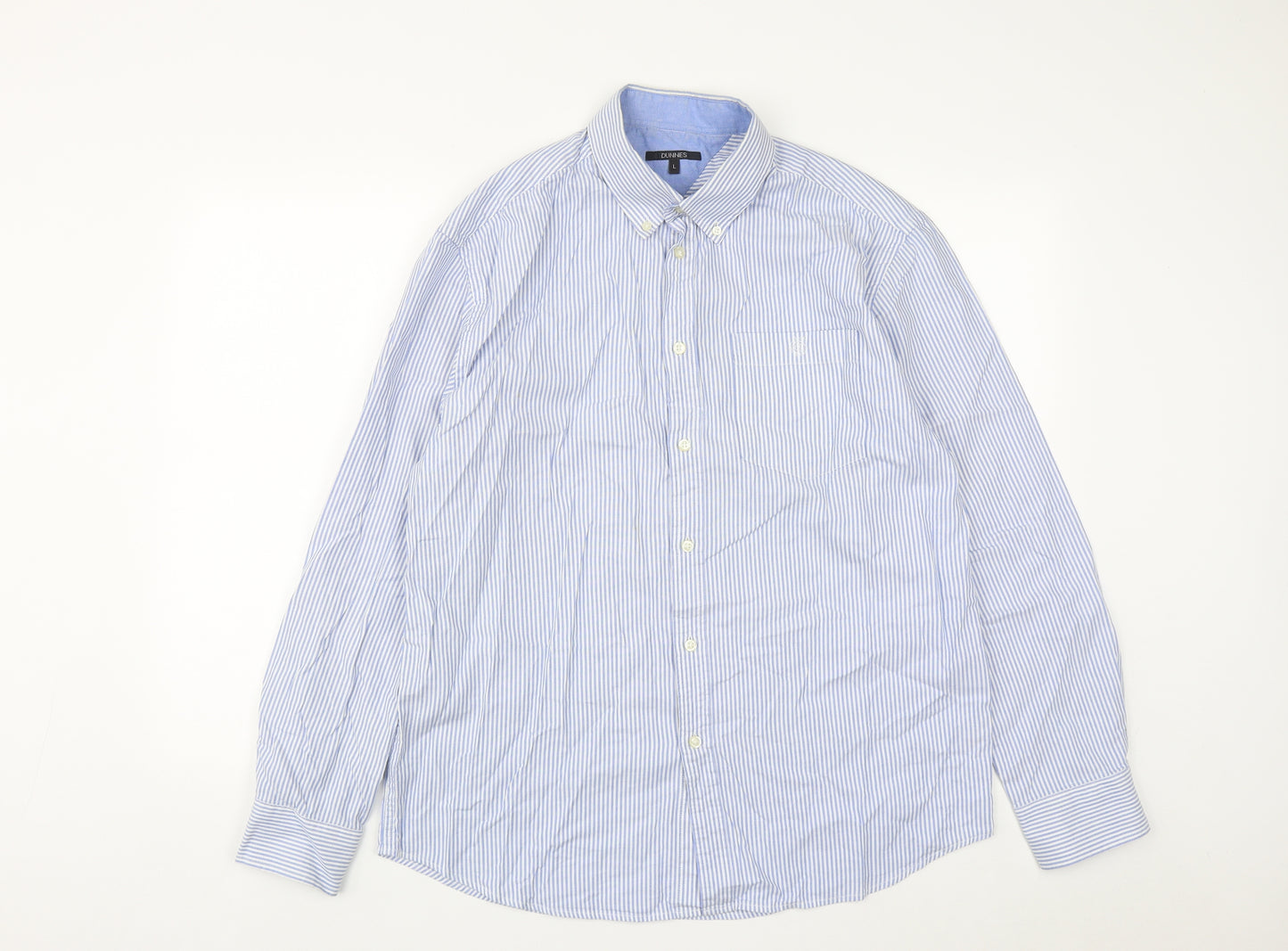 Dunnes Mens Blue Striped Cotton  Button-Up Size L Collared Button
