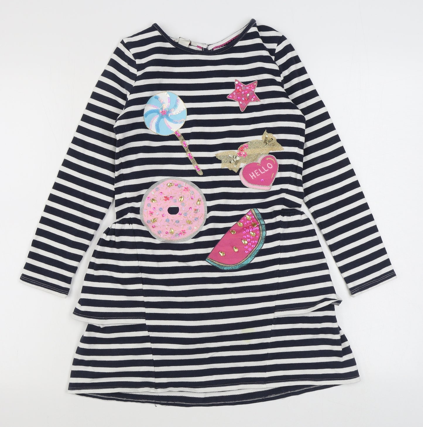 Monsoon Girls Blue Striped 100% Cotton T-Shirt Dress  Size 9-10 Years  Round Neck Button