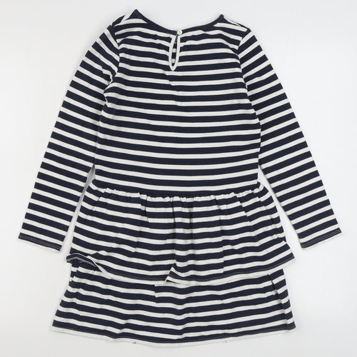 Monsoon Girls Blue Striped 100% Cotton T-Shirt Dress  Size 9-10 Years  Round Neck Button