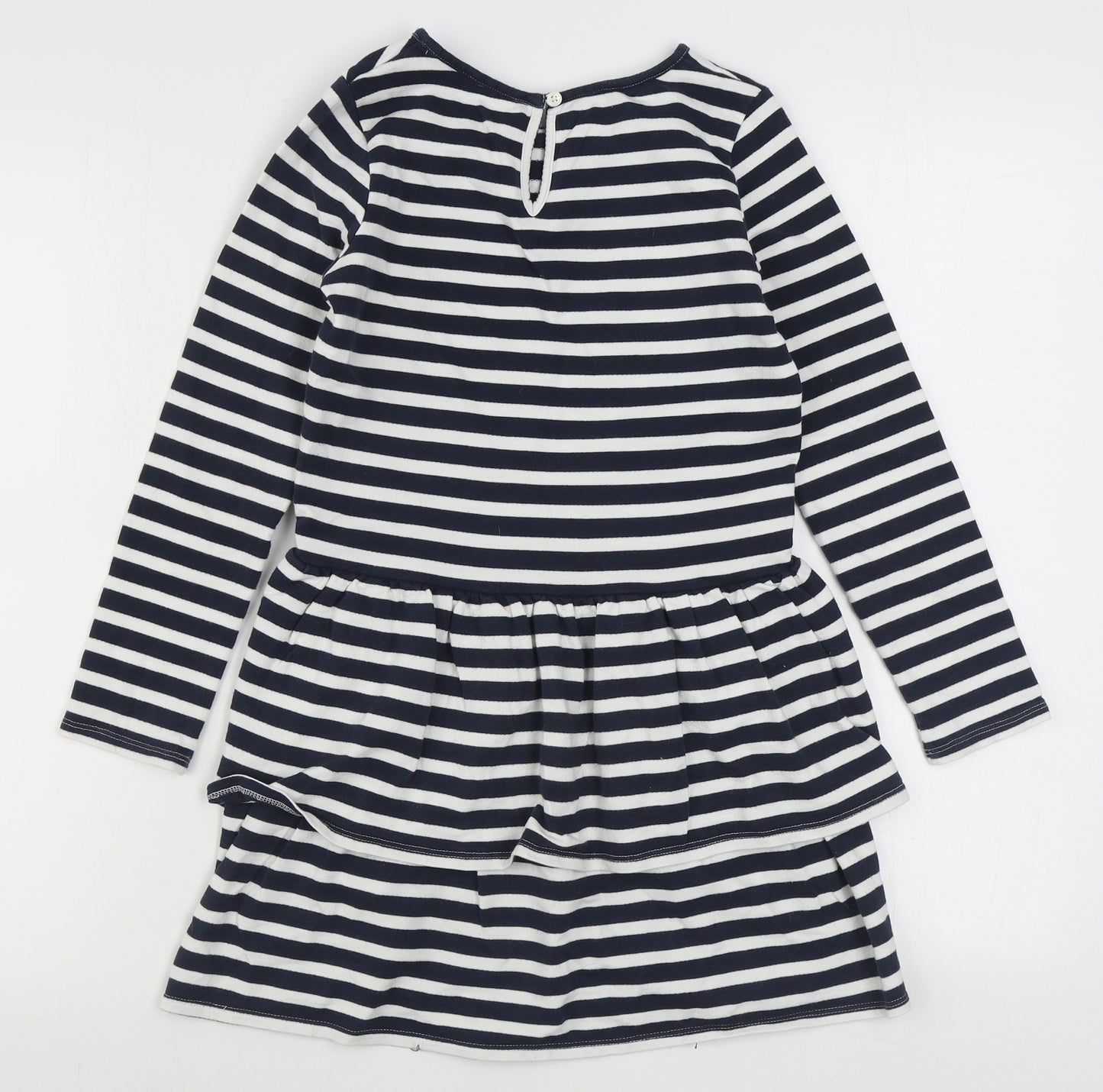 Monsoon Girls Blue Striped 100% Cotton T-Shirt Dress  Size 9-10 Years  Round Neck Button