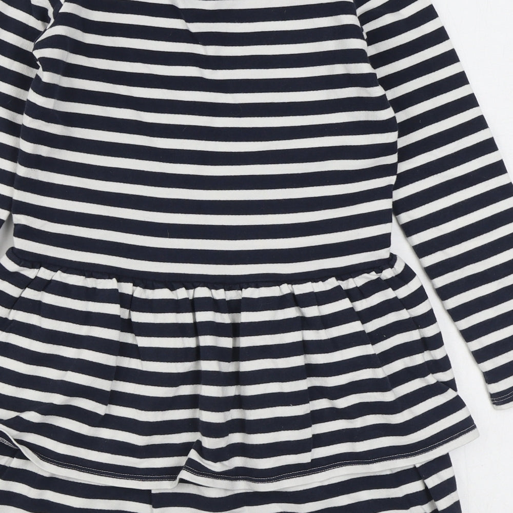 Monsoon Girls Blue Striped 100% Cotton T-Shirt Dress  Size 9-10 Years  Round Neck Button