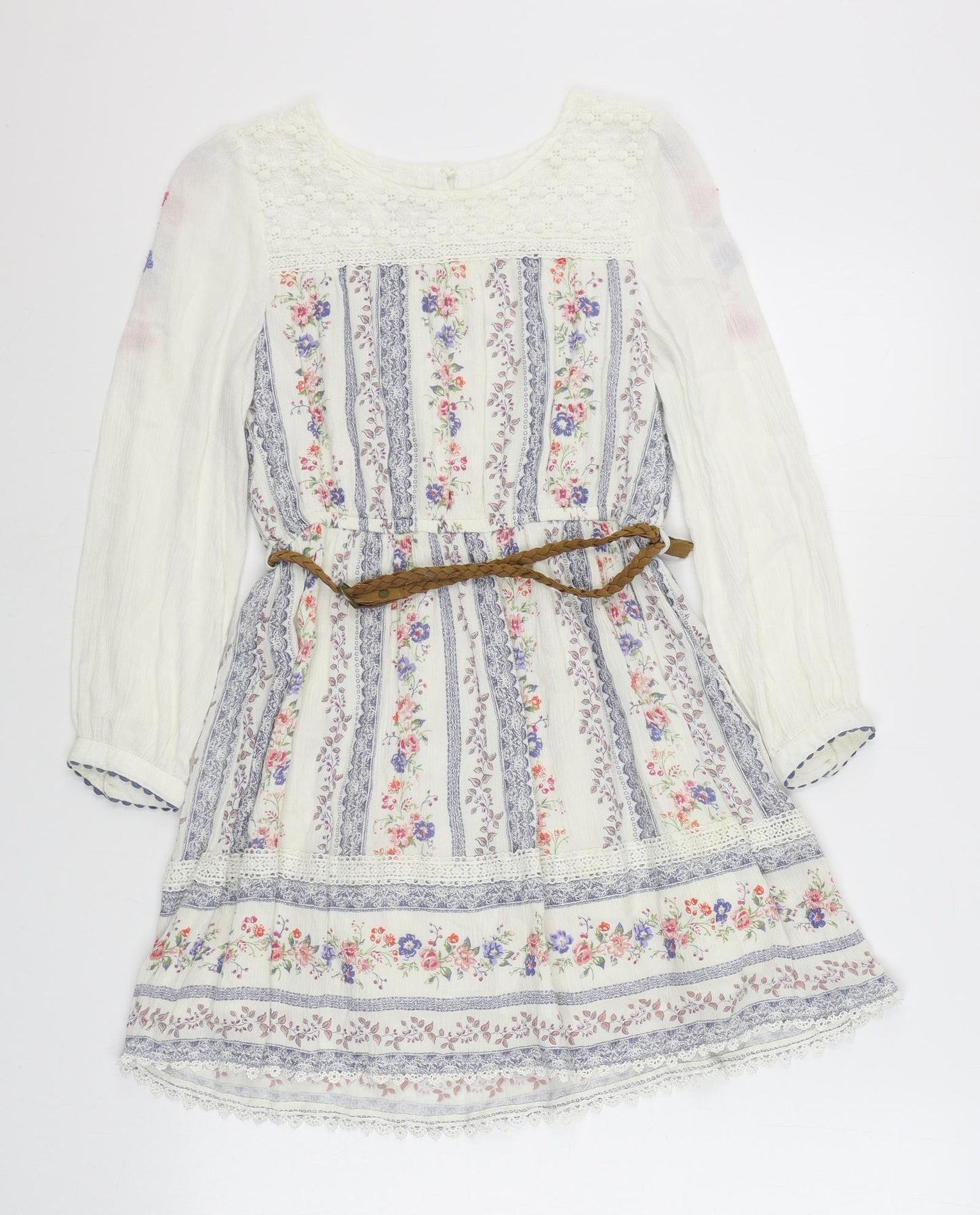 Monsoon Girls White Geometric Viscose Skater Dress  Size 9 Years  Boat Neck Button