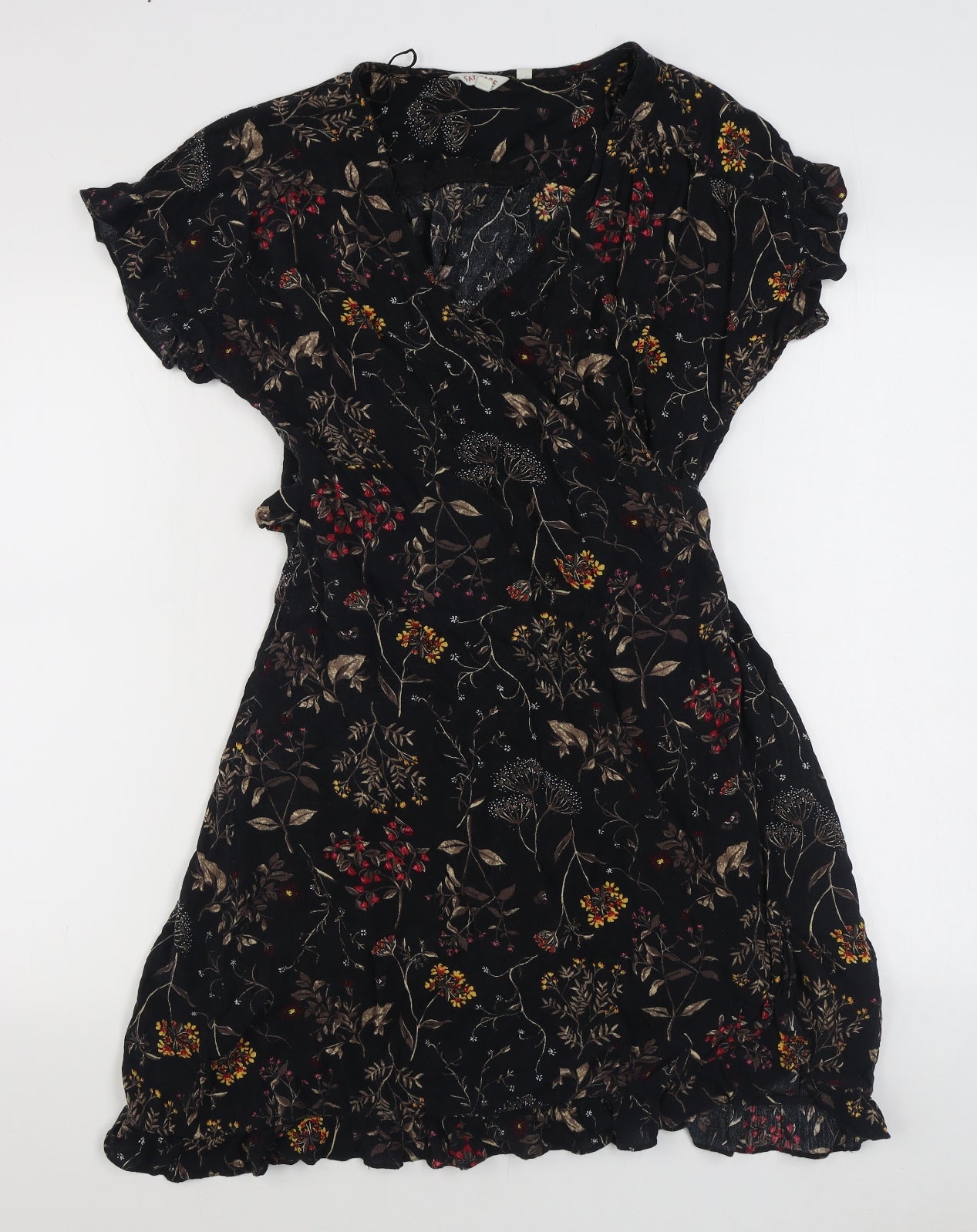 Fatface Womens Black Floral Viscose Wrap Dress  Size 14  V-Neck Tie