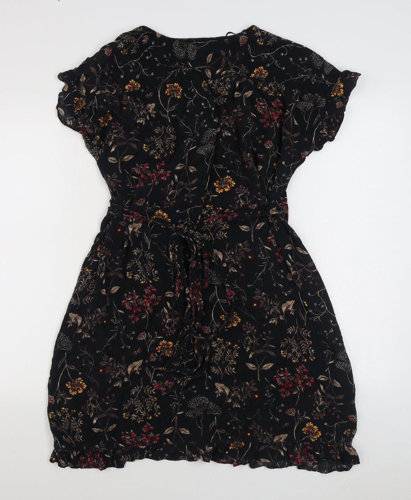 Fatface Womens Black Floral Viscose Wrap Dress  Size 14  V-Neck Tie