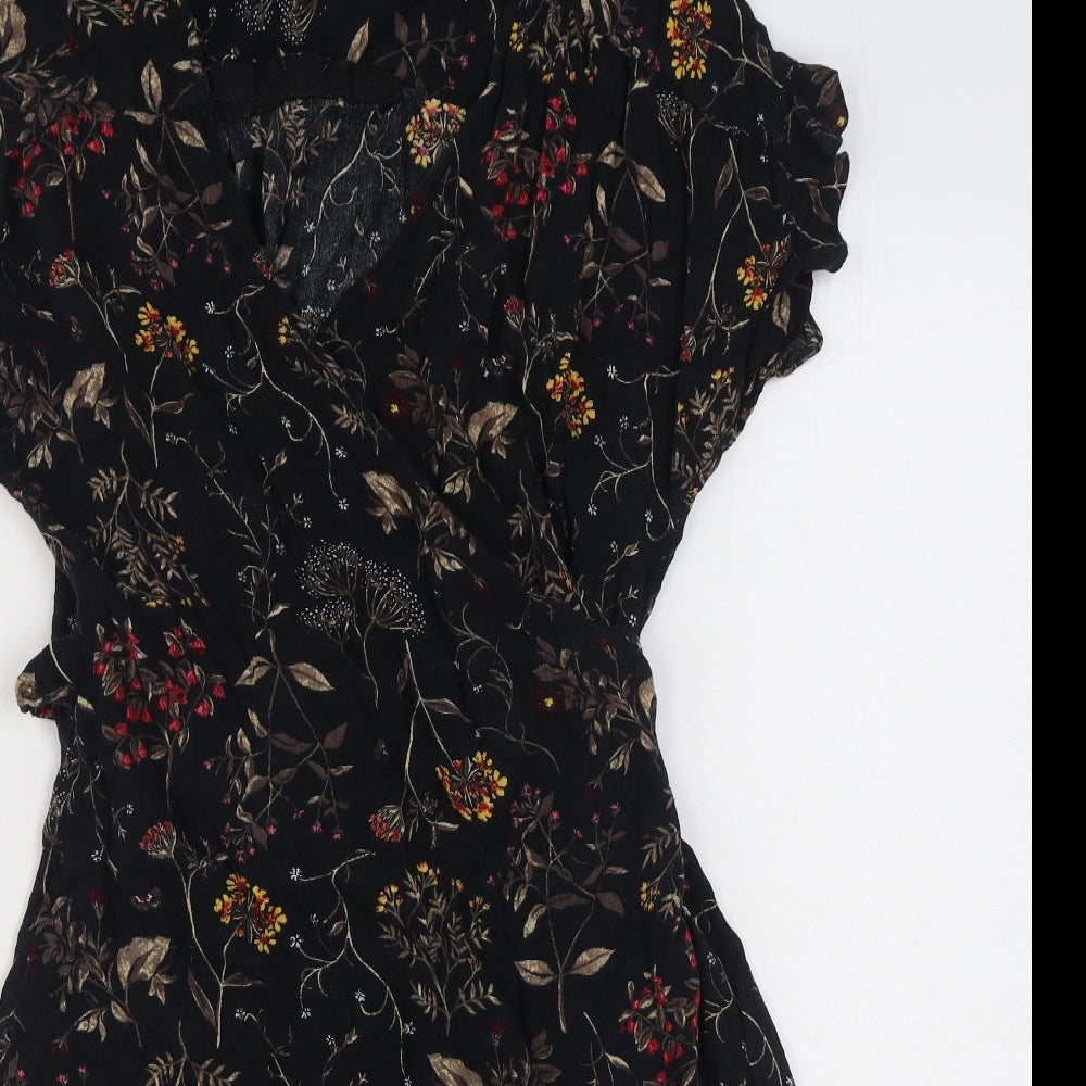 Fatface Womens Black Floral Viscose Wrap Dress  Size 14  V-Neck Tie