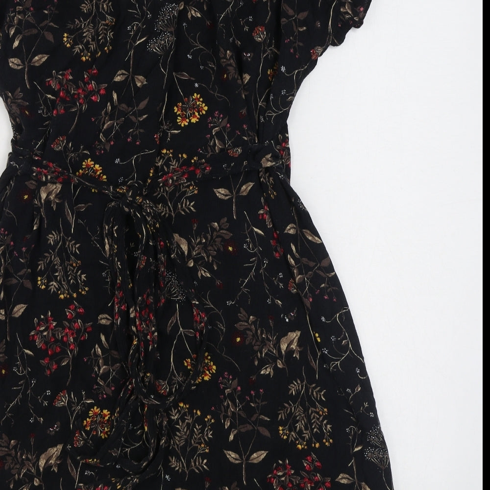 Fatface Womens Black Floral Viscose Wrap Dress  Size 14  V-Neck Tie
