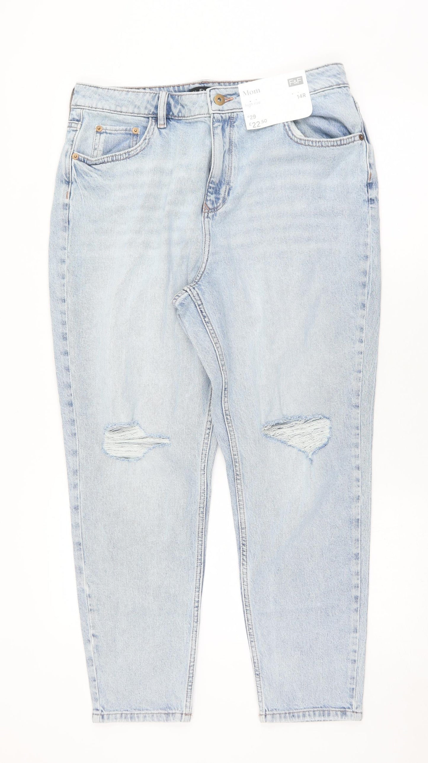 F&F Womens Blue  Cotton Mom Jeans Size 14 L26 in Regular Zip