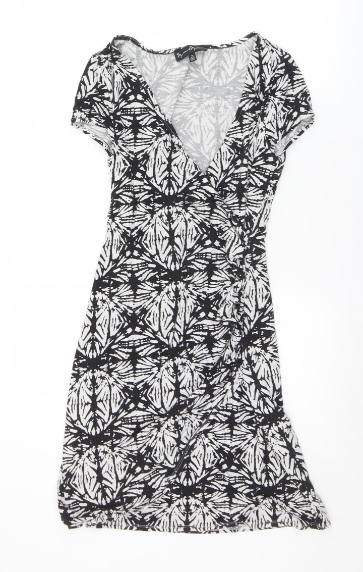 Mercer & Madison Womens Black Geometric Viscose A-Line Size 8 V-Neck
