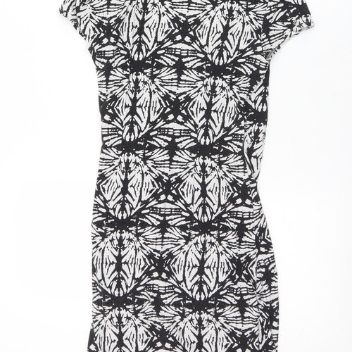 Mercer & Madison Womens Black Geometric Viscose A-Line  Size 8  V-Neck