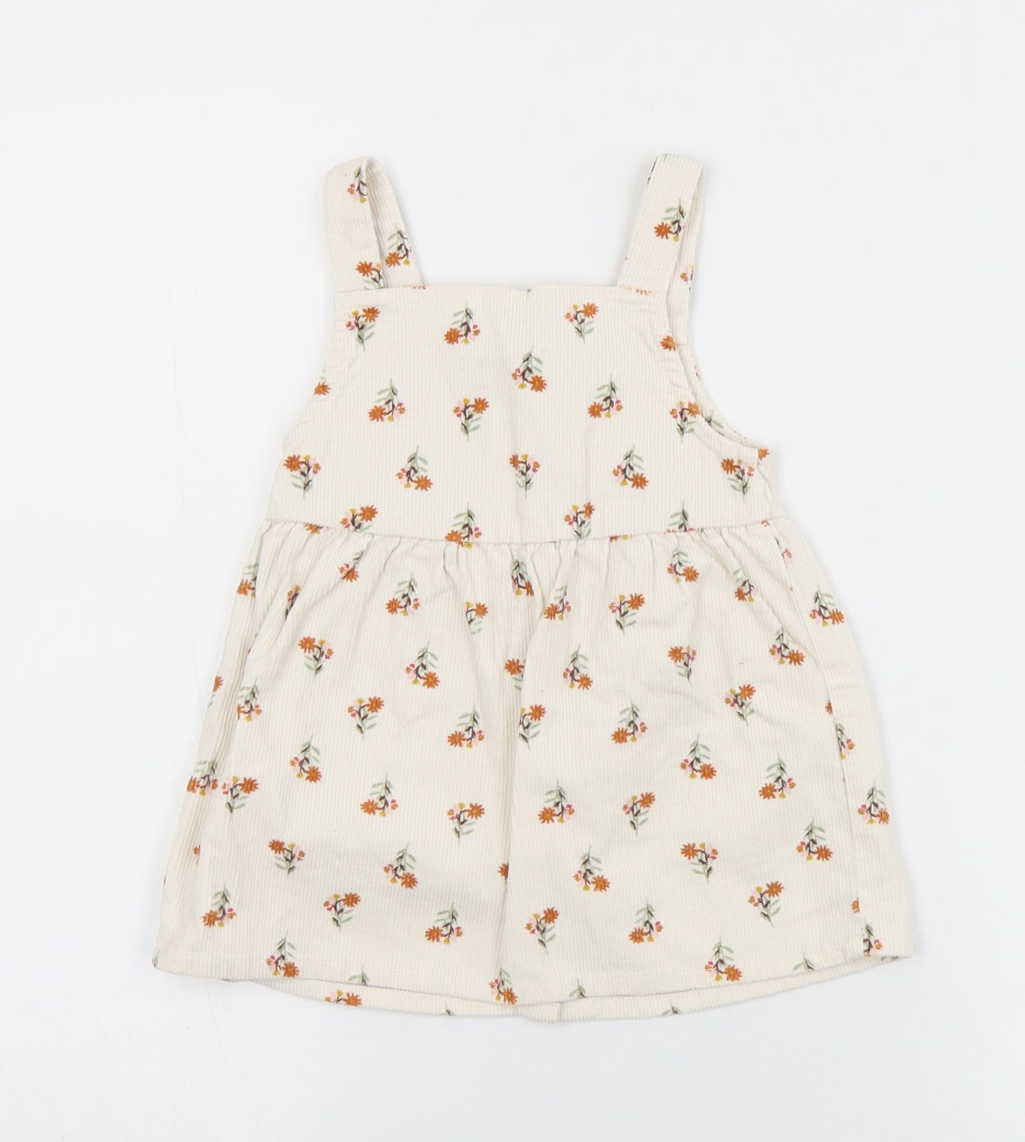 Primark Girls Ivory Floral Cotton Pinafore/Dungaree Dress  Size 9-12 Months  Square Neck Button