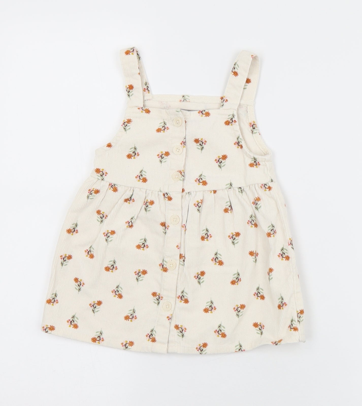 Primark Girls Ivory Floral Cotton Pinafore/Dungaree Dress  Size 9-12 Months  Square Neck Button