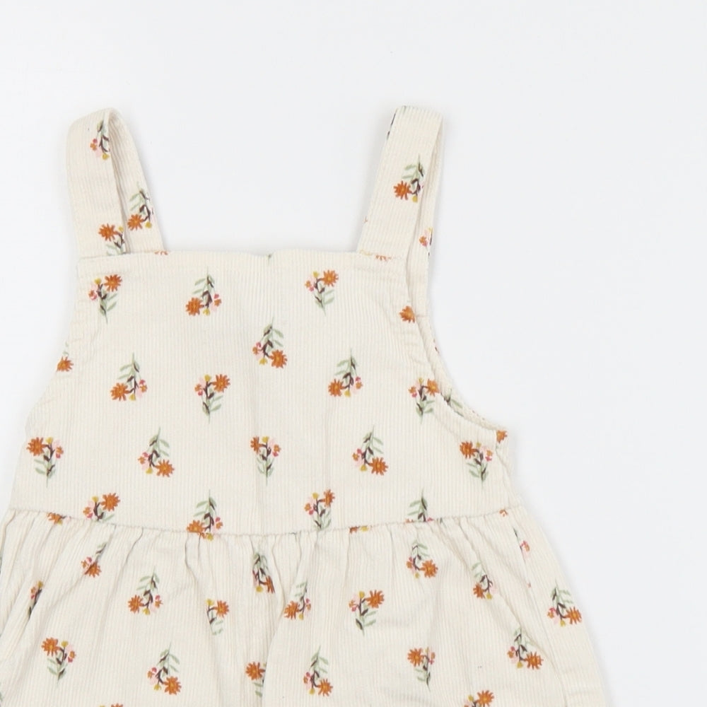 Primark Girls Ivory Floral Cotton Pinafore/Dungaree Dress  Size 9-12 Months  Square Neck Button