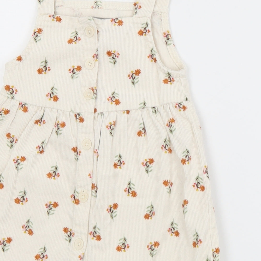Primark Girls Ivory Floral Cotton Pinafore/Dungaree Dress  Size 9-12 Months  Square Neck Button