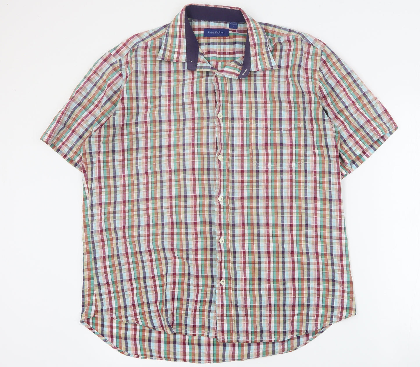 Peter England Mens Multicoloured Plaid Cotton  Button-Up Size L Collared Button