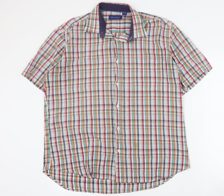 Peter England Mens Multicoloured Plaid Cotton  Button-Up Size L Collared Button