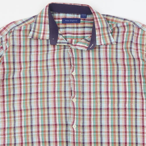 Peter England Mens Multicoloured Plaid Cotton  Button-Up Size L Collared Button