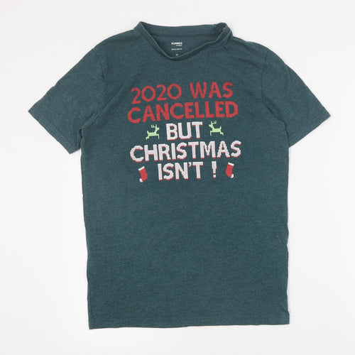 Dunnes Mens Green  Cotton  T-Shirt Size XS Crew Neck  - Christmas