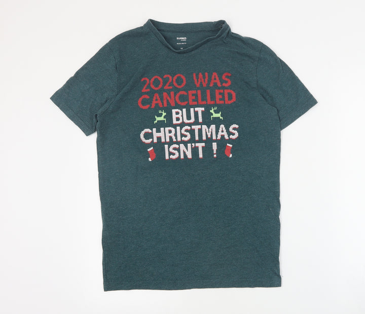 Dunnes Mens Green Cotton T-Shirt Size XS Crew Neck - Christmas