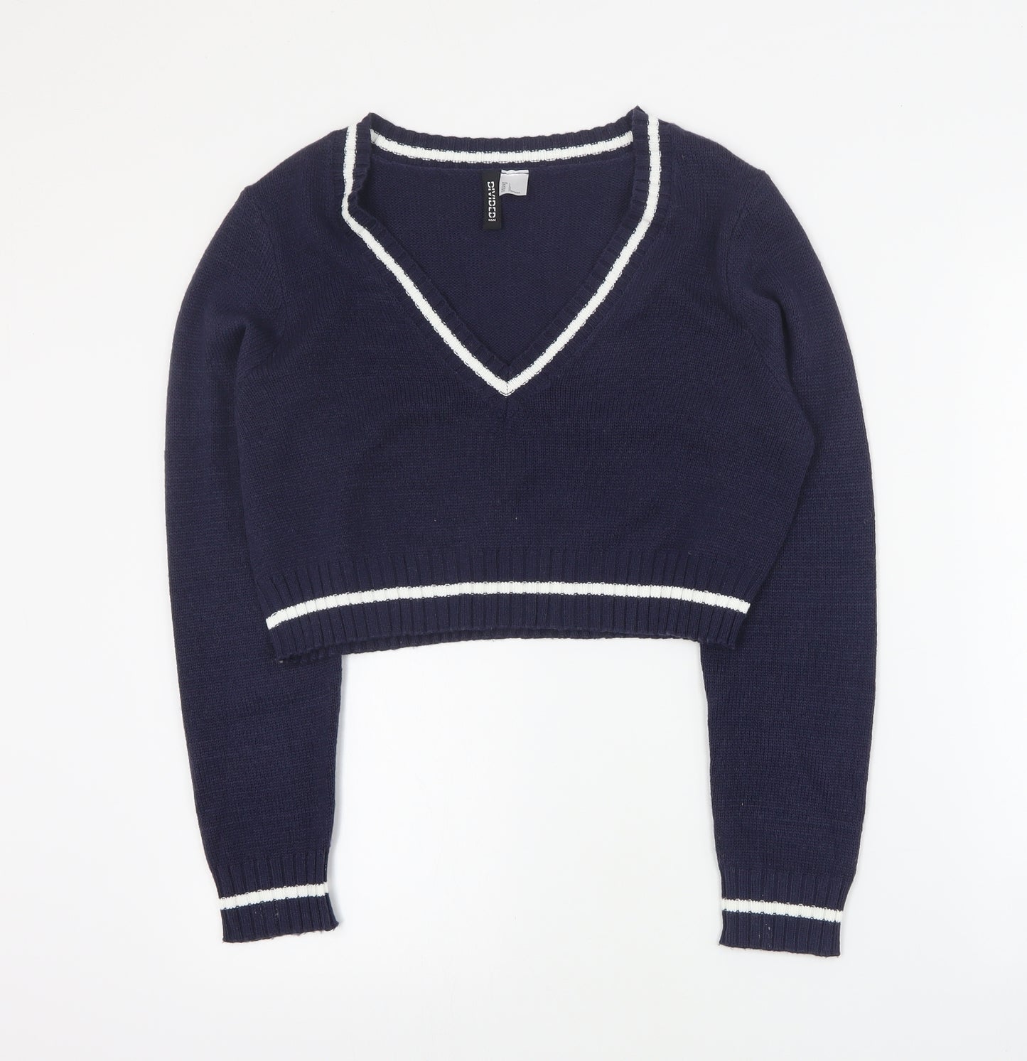 H&M Womens Blue V-Neck  Acrylic Pullover Jumper Size L   - Cropped