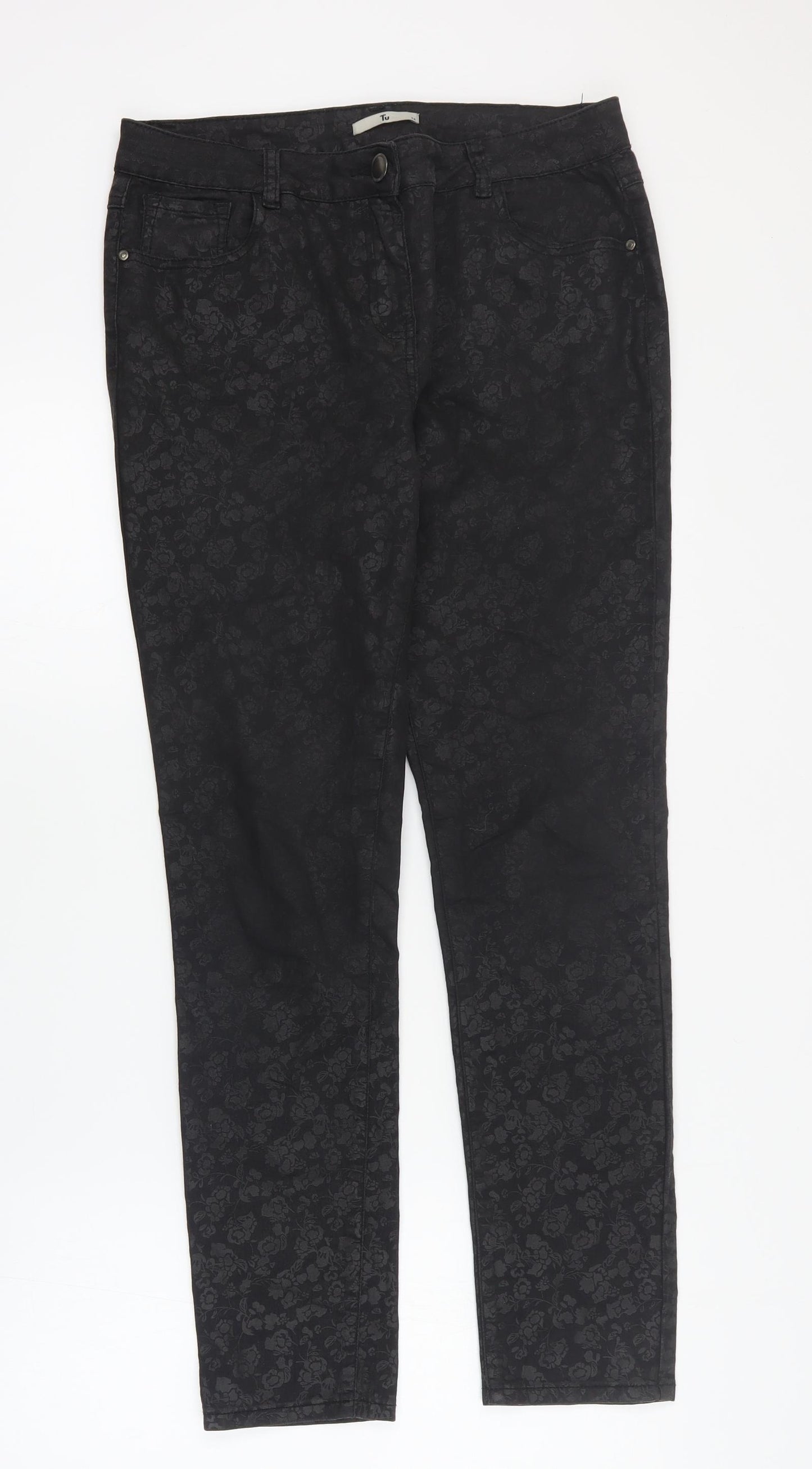 TU Womens Black Floral Cotton Skinny Jeans Size 14 L30 in Regular Zip