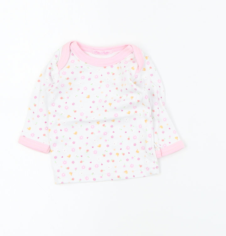 Pitter Patter Baby White Floral Cotton Basic T-Shirt Size 0-3 Months Round Neck Pullover