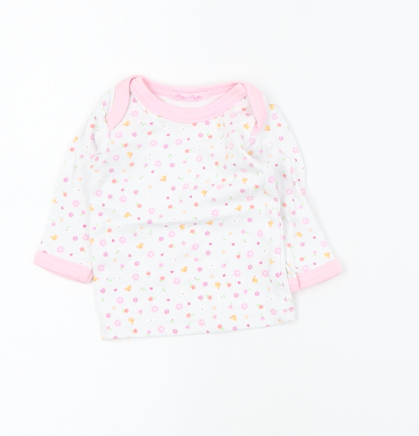 Pitter Patter Baby White Floral Cotton Basic T-Shirt Size 0-3 Months Round Neck Pullover