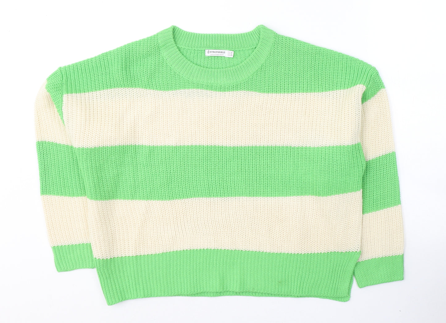Stradivarius Womens Green Round Neck Striped Acrylic Pullover Jumper Size M