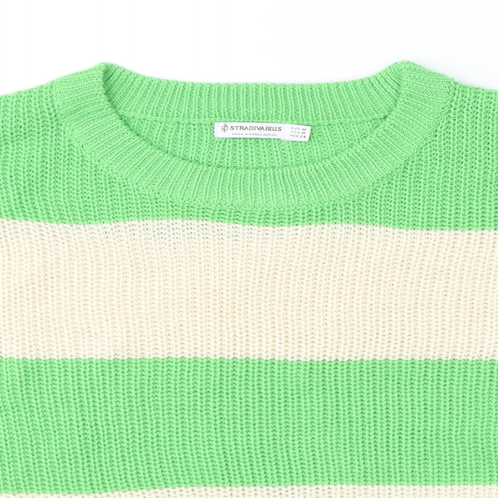 Stradivarius Womens Green Round Neck Striped Acrylic Pullover Jumper Size M