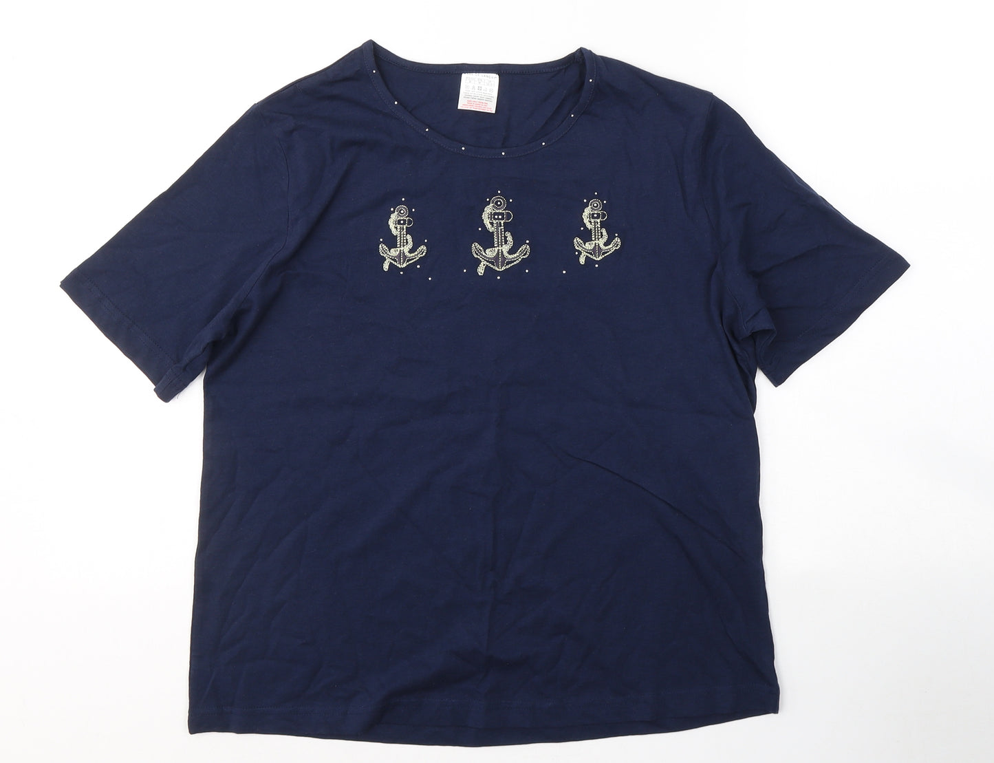 Anne De Lancay Womens Blue  Cotton Basic T-Shirt Size M Round Neck - Anchor