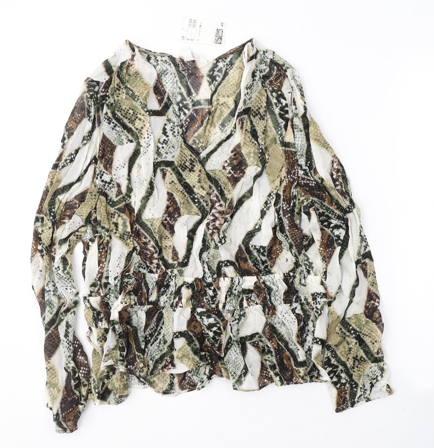 H&M Womens Grey Animal Print Polyester Basic Blouse Size 14 V-Neck