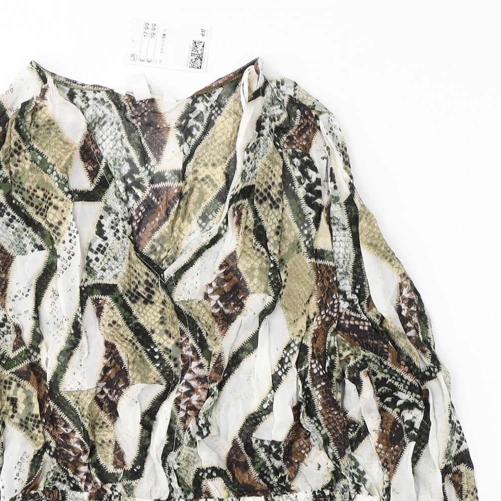 H&M Womens Grey Animal Print Polyester Basic Blouse Size 14 V-Neck