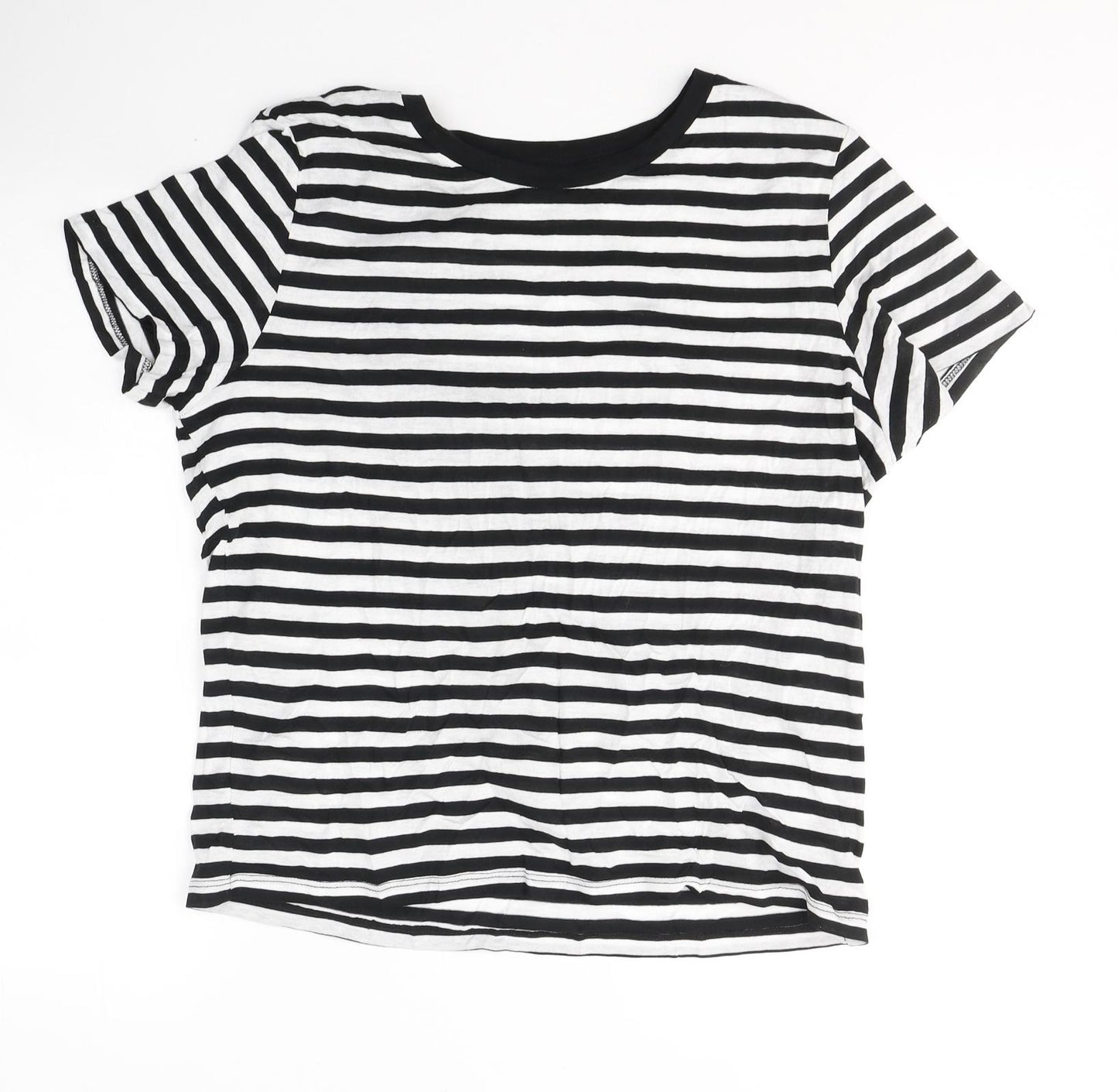 Monki Womens Black Striped Cotton Basic T-Shirt Size M Round Neck