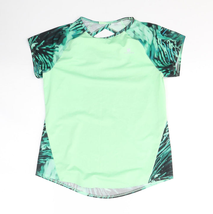DOMYOS Womens Green Colourblock Polyester Basic T-Shirt Size XS Round Neck Pullover
